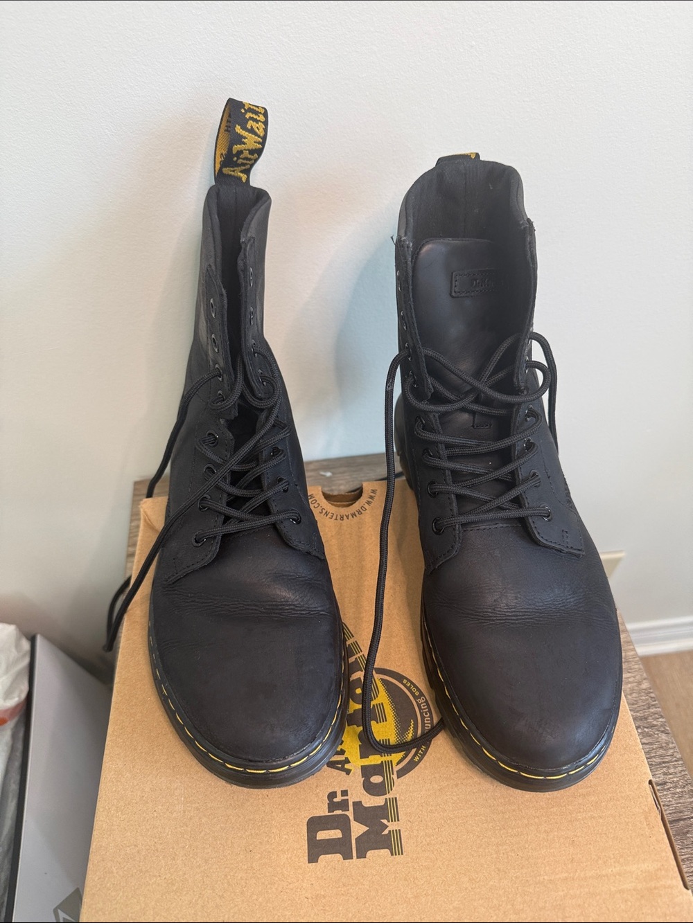 Dr. Martens Black Leather 8-Eye Lace-Up Boots with Yellow Stitching